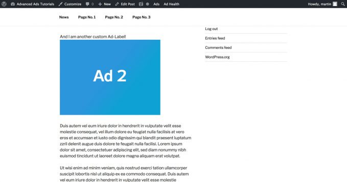 Another custom ad label above an ad with Advanced Ads Pro