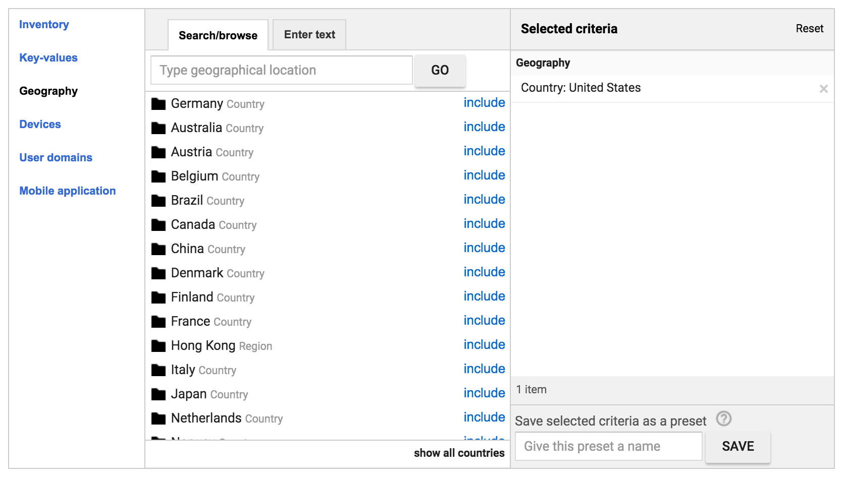 Geo-Targeting settings in Google Ad Manager