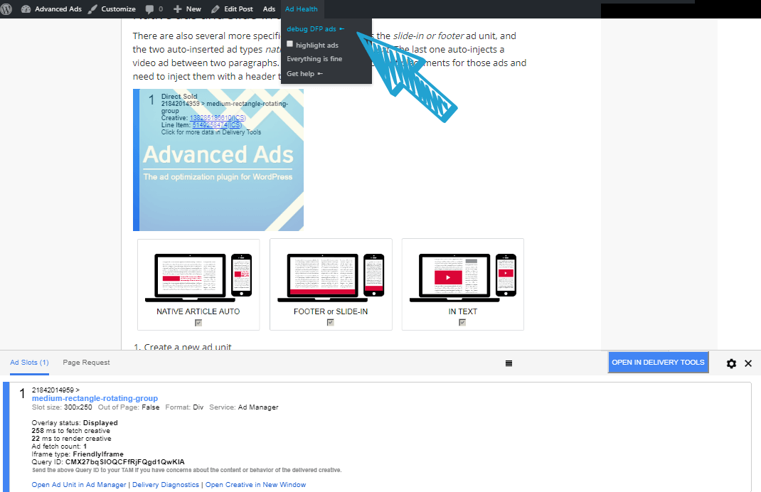Google DFP debug mode from Advanced Ads