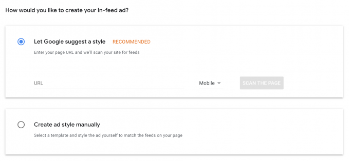 AdSense In-feed style options from the AdSense account.