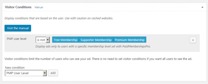 Visitor condition for ads on membership sites