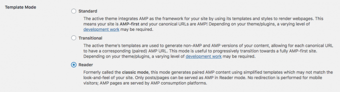 Template Mode option in the AMP plugin for WordPress set to "Reader"