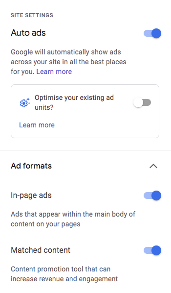 Showing Auto ads options as visible in the Google AdSense account with most of them enabled.