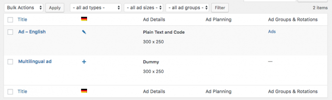 Ad list translated with WPML