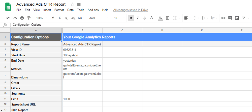 Configuration Options of a custom Google Analytics report in Google Sheets