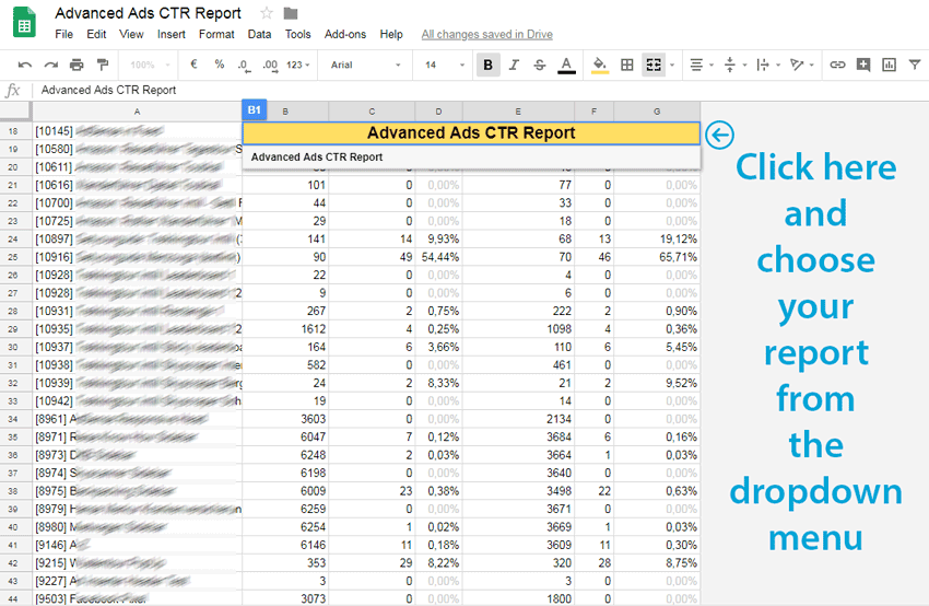 Custom click-through rate report in Google Sheets for Advanced Ads statistics in Google Analytics 