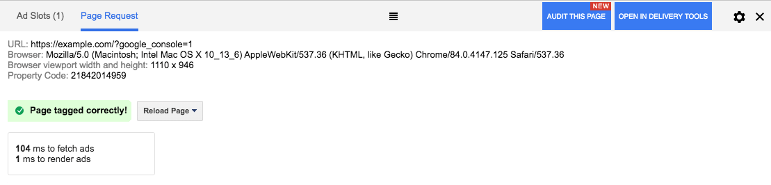 Page Request Tab in Google Ad Manager debug mode