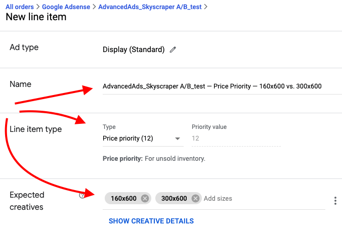 New line item in Google Ad Manager