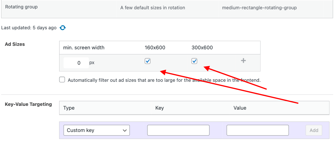 Size mapping options in Advanced Ads