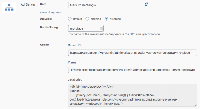 Options and example codes to use an ad server placement on another website.