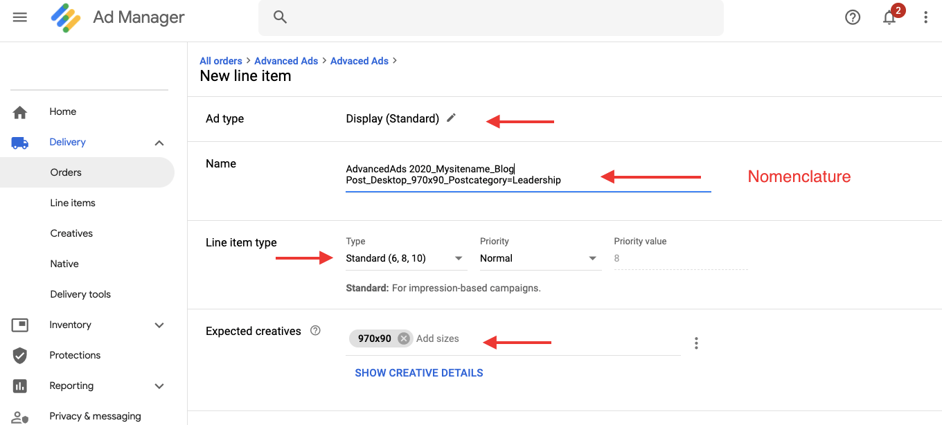 Line item settings in Google Ad Manager