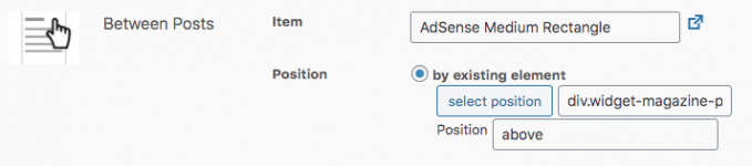 Settings of the Custom Position placement with the ads targeting the position between posts on the home page.