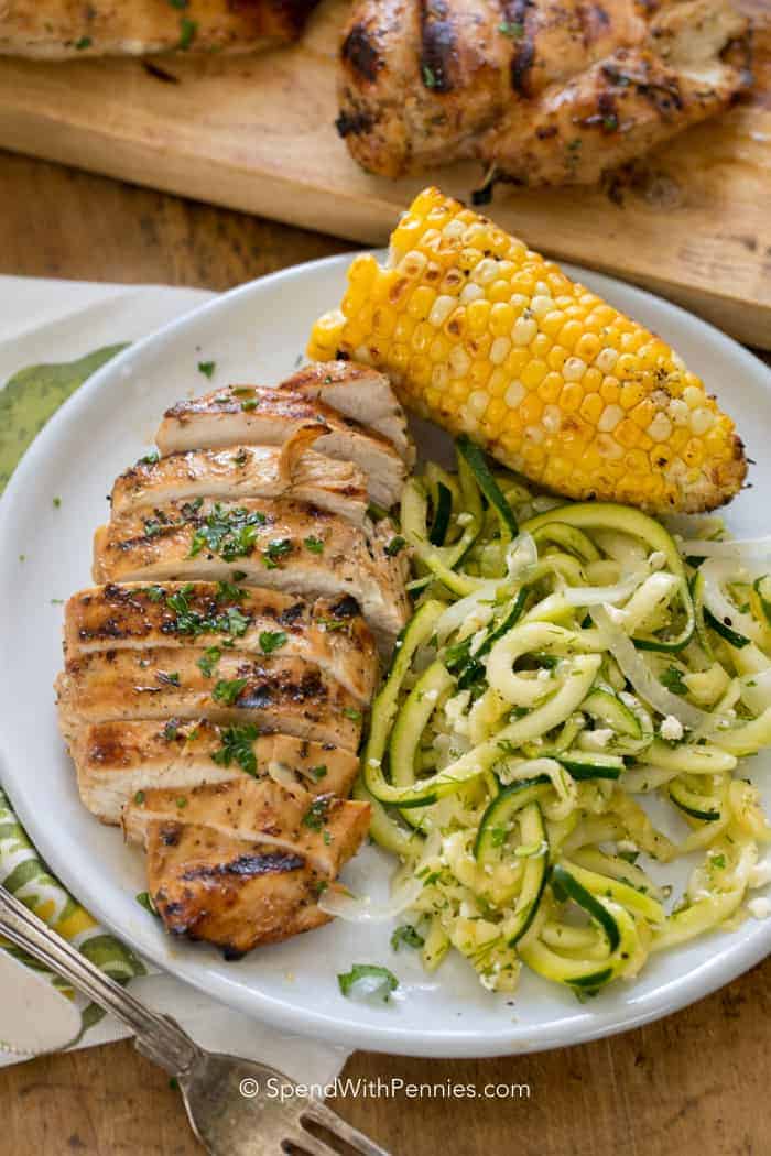 Grilled chicken marinated with corn and zucchini noodles