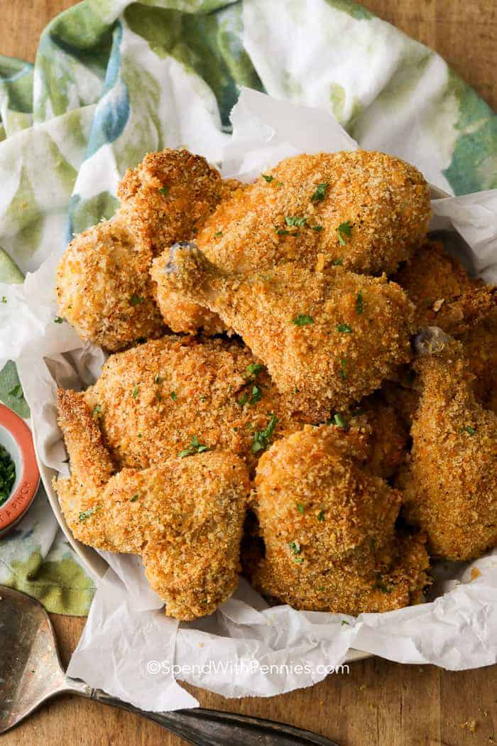 Oven fried chicken in a bowl