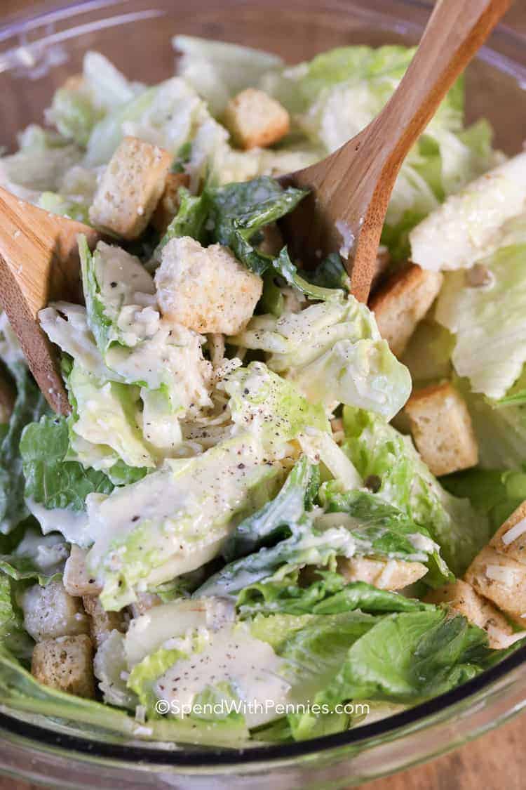 Caesar Salad in bowl with salad spoon