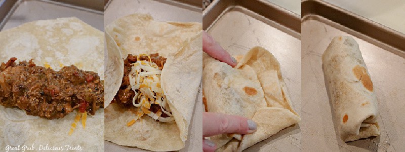 4 pictures showing how to fold a burrito.