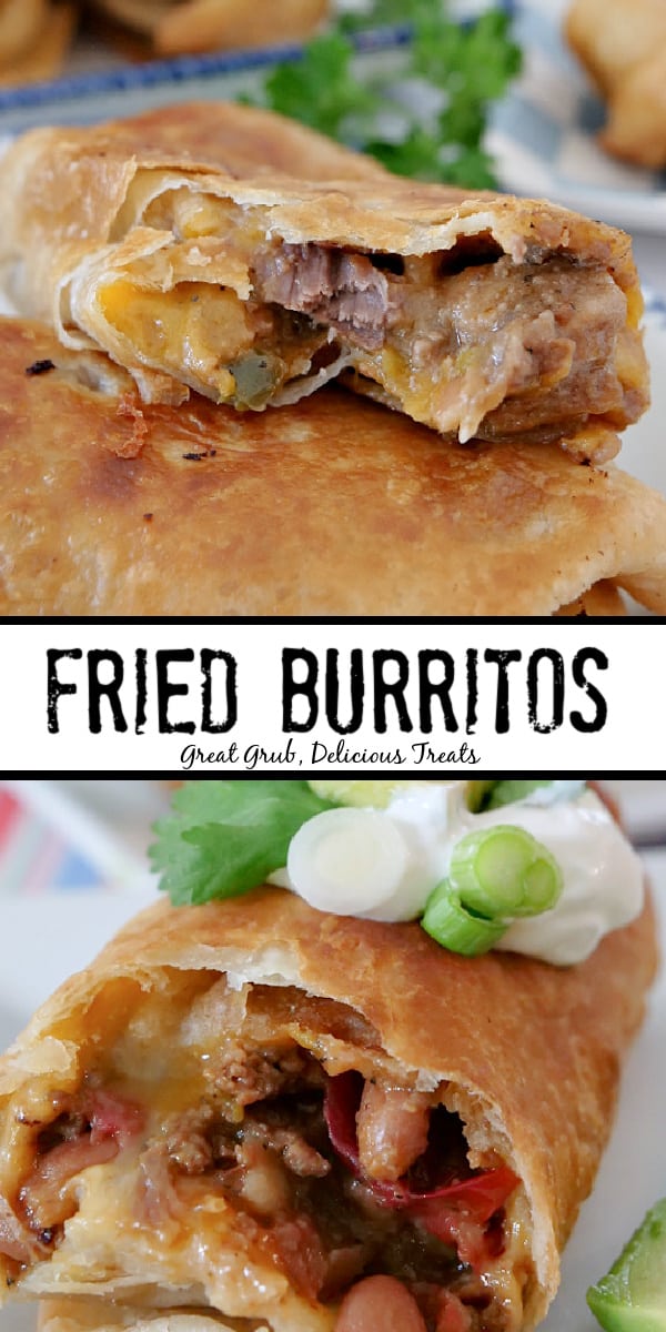 A pairing photo of two fried burritos with one cut out and a burrito showing the filling in the second photo.