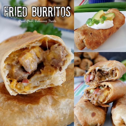 A collage of three fried burritos shows the filling in two of the photos, and one shows a burrito with sour cream, butter, and sliced ​​scallions on top.