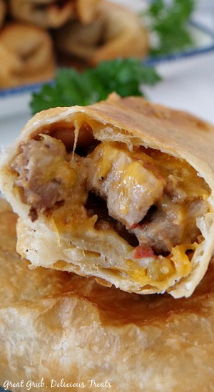 A close-up photo of a fried burrito and the filling inside.