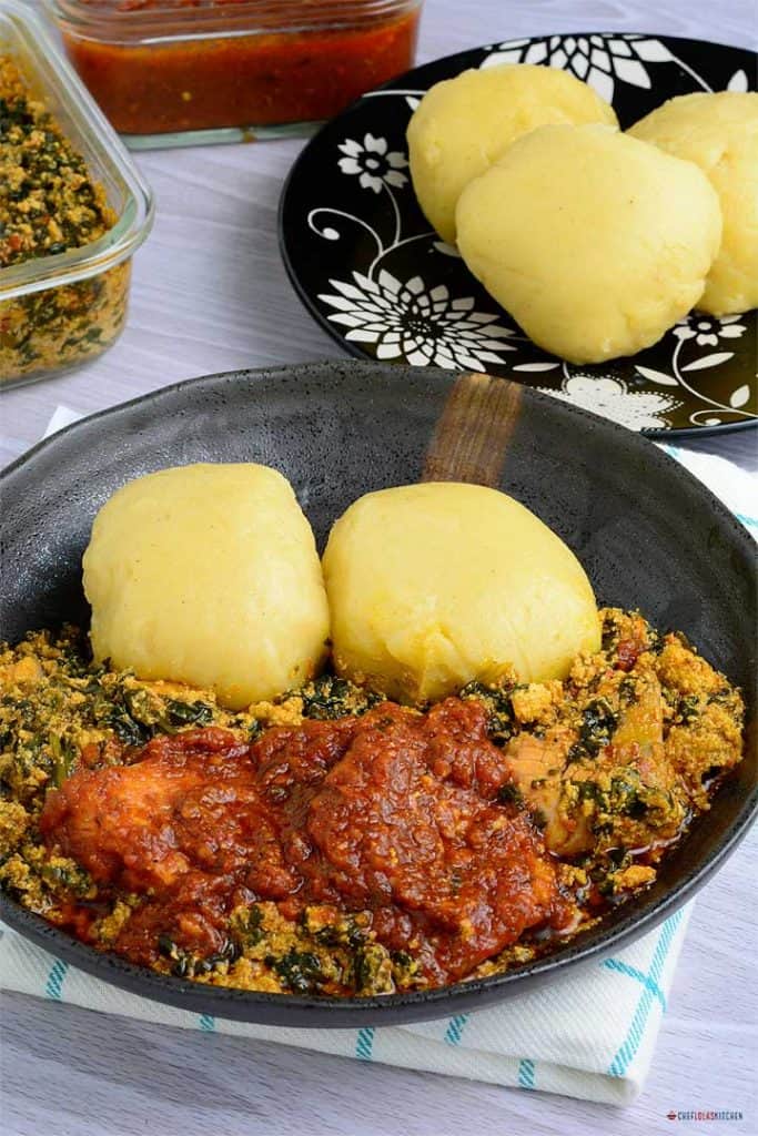 A piece of fufu with varnish soup