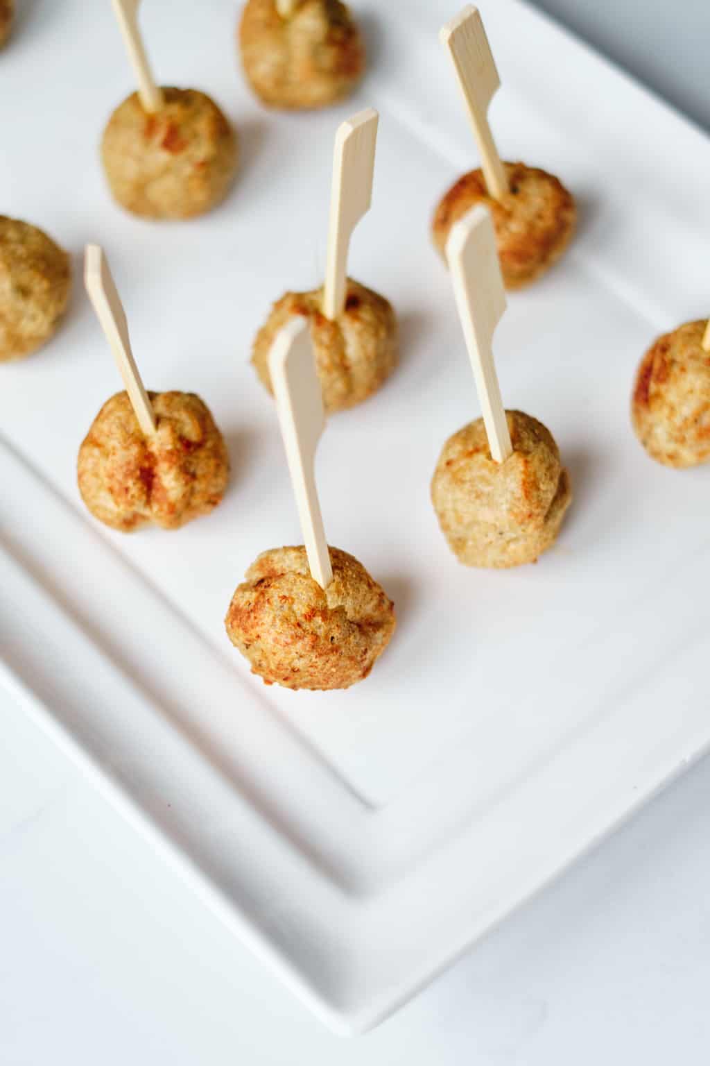 Close-up of a meatball on a toothpick
