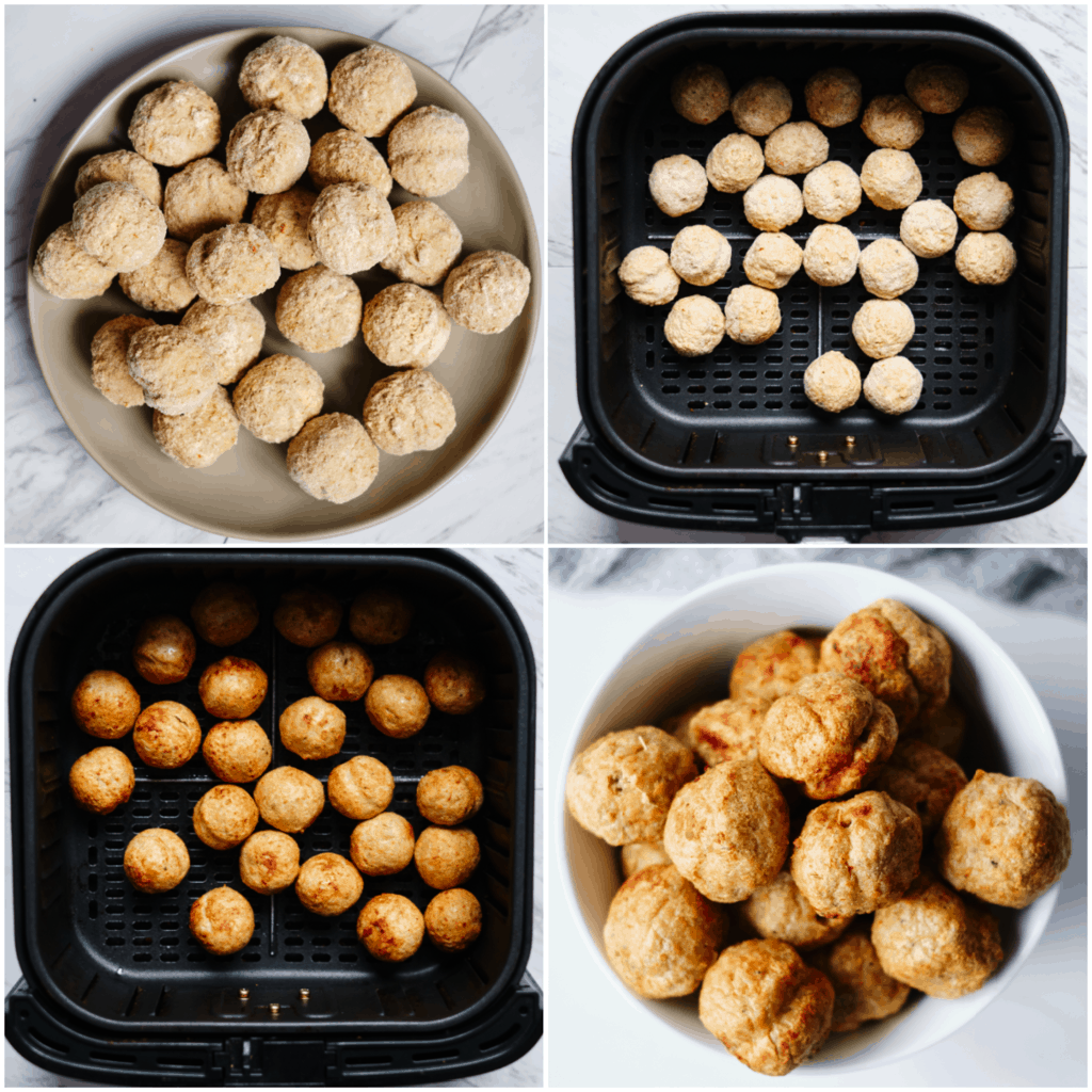 cooked frozen meatballs inside the air fryer basket