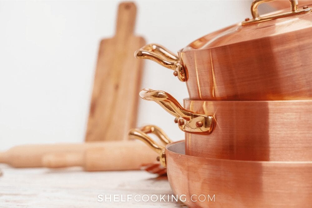 Trio of copper pans, from Shelf Cooking