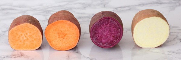 Open sliced ​​sweet potatoes come in different varieties and colors