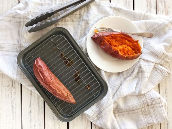 Bake the sweet potatoes on a pan and plate with tongs.
