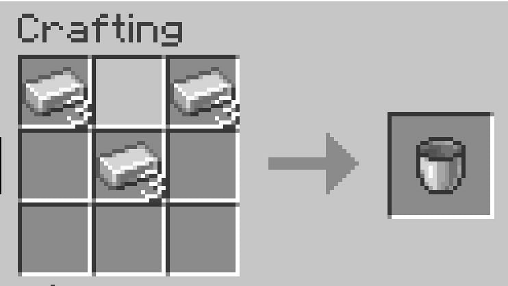 The bucket is made of three pieces of iron in the shape of a v in the crafting table