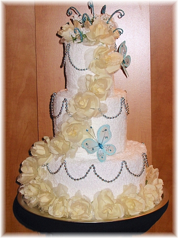 White Ivory and Turquoise Towel Cake