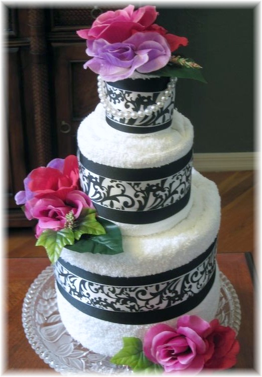 Black and White Towel Cake with Flowers