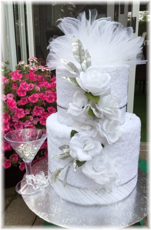 White Towel Cake with Flowers