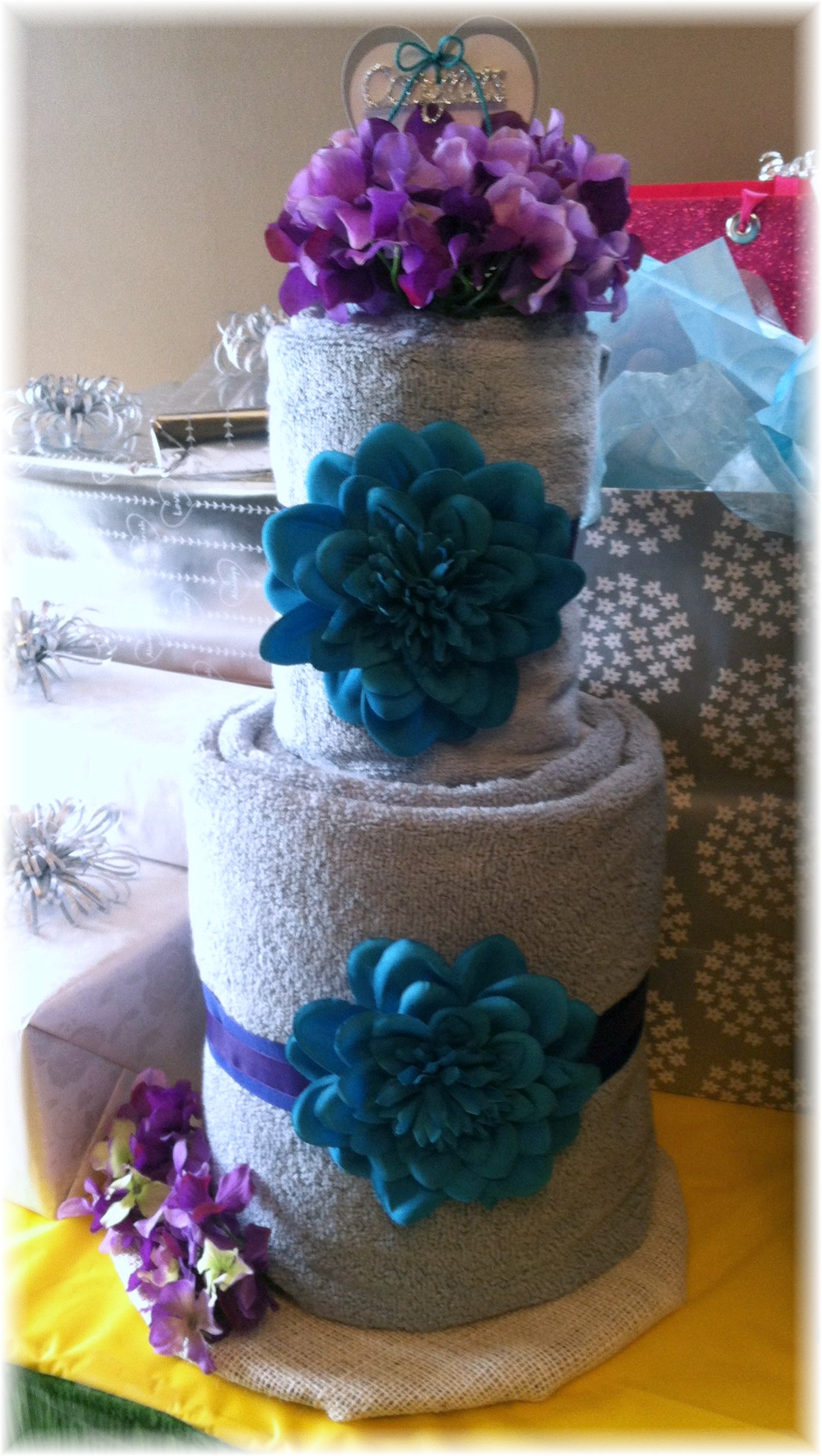 Grey Blue and Purple Towel Cake