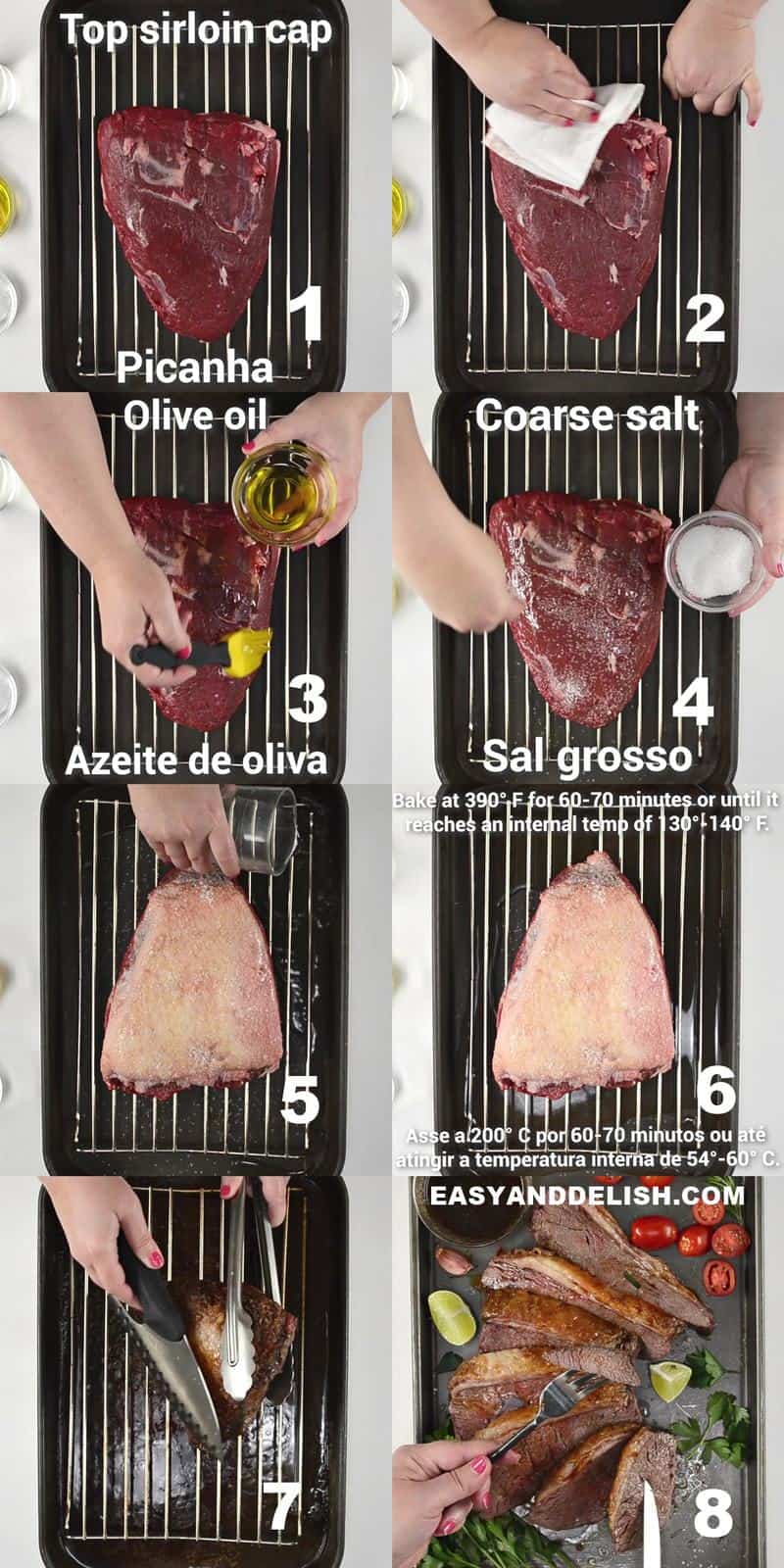Photo collage instructions on how to roast amke picanha in 8 steps