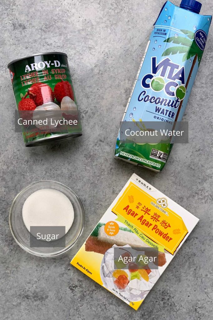 Lychee jelly ingredients on the counter.