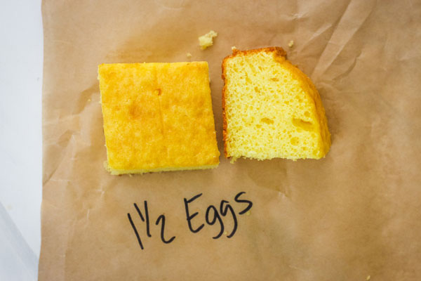 Pieces of cake made with 1 and a half eggs.