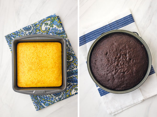 A yellow cake in a square baking pan and a chocolate cake in a round 9-inch pan.