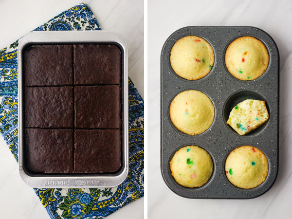 A small toaster oven pan with chocolate cake and a muffin pan of vanilla cupcakes.