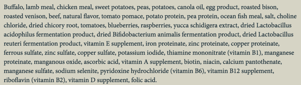 The full ingredients list for a taste of the wild dog food, ideal for a dog with a sensitive stomach.