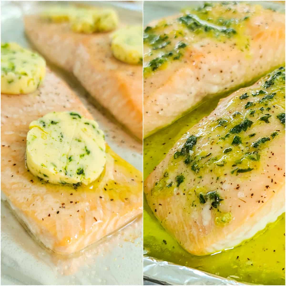 2 photo collage: sliced ​​lemon basil butter on cooked salmon; melted compound butter on salmon