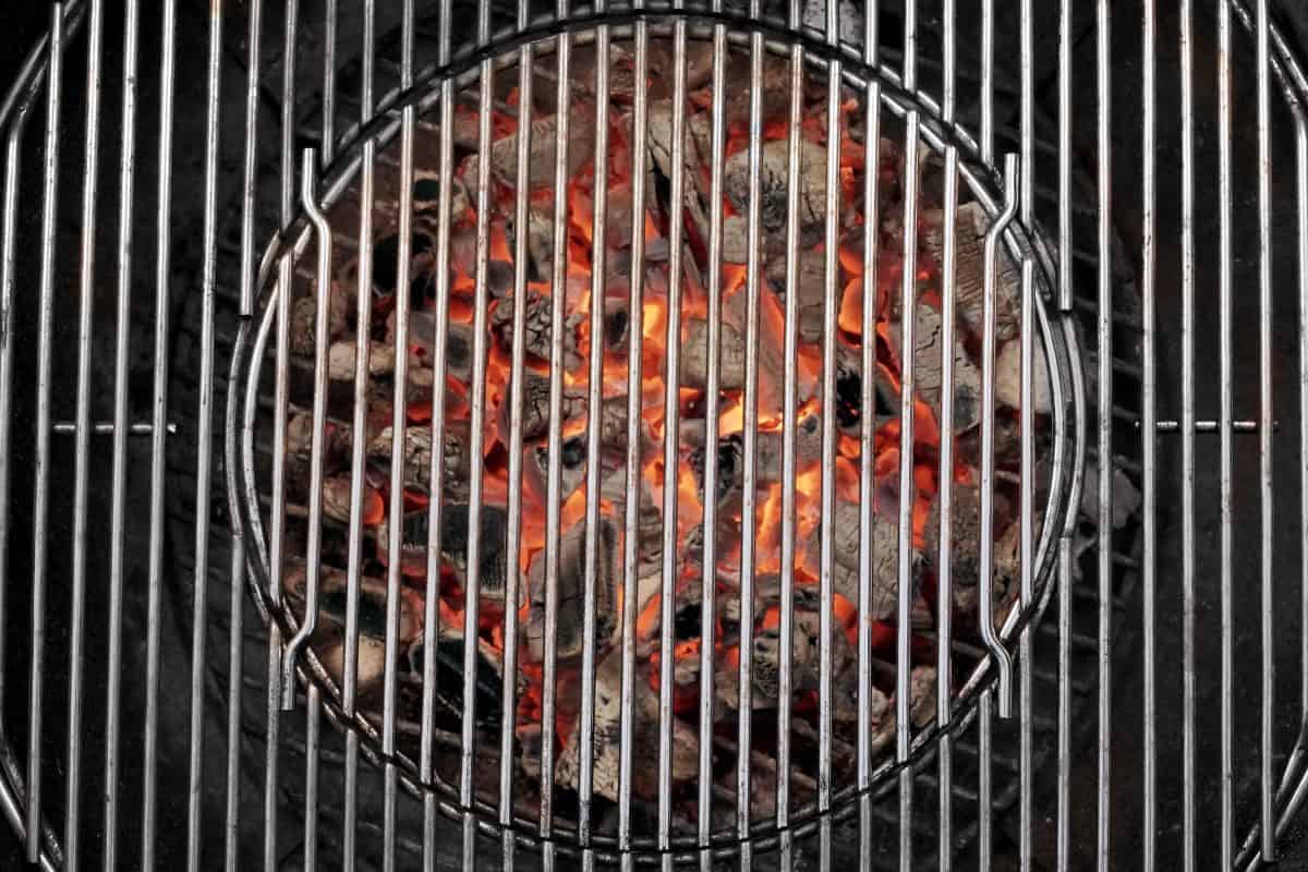 Stainless steel BBQ grill, burning round coals below