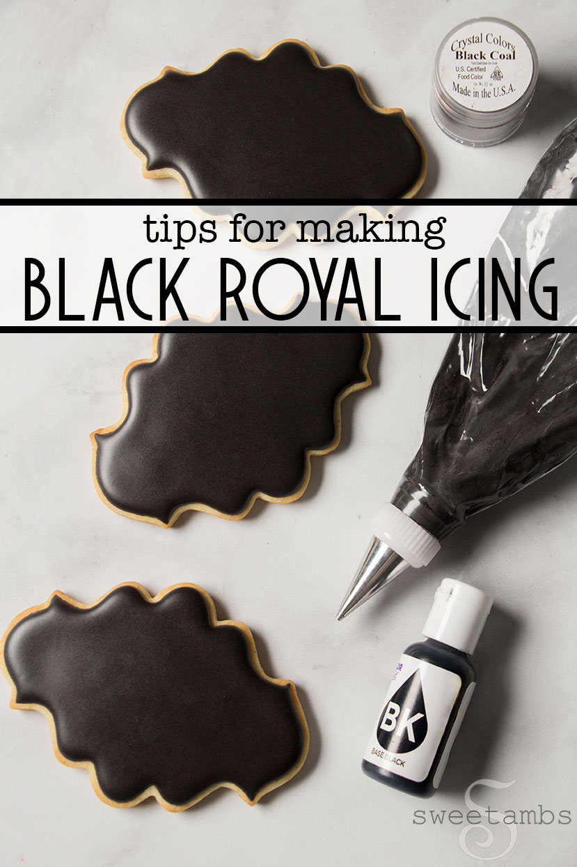 biscuits decorated with black royal stone using liquid and powdered food coloring