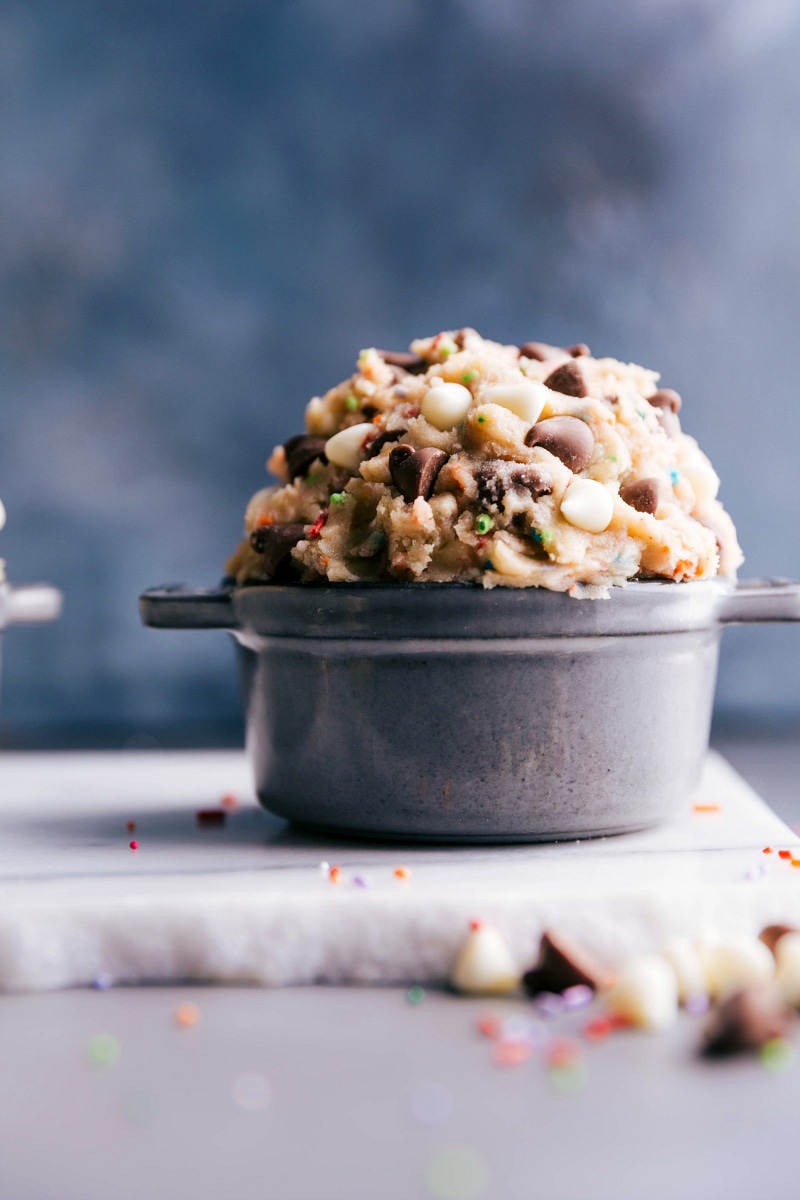 Right image of edible dough in a bowl sprinkled with milk and white chocolate chips.