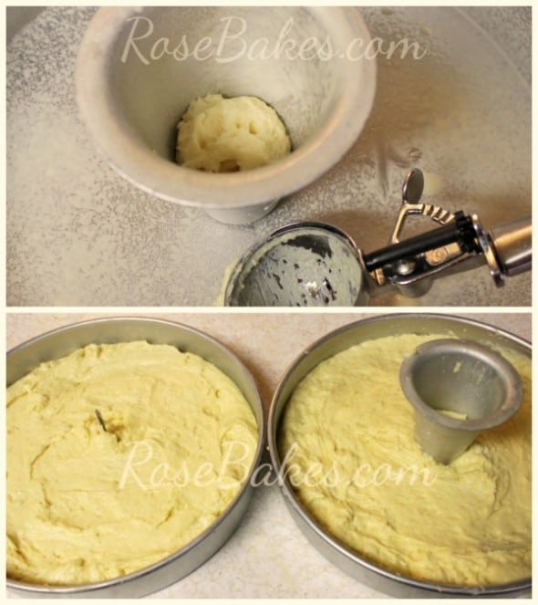 Cake dough in a pan with a heating core
