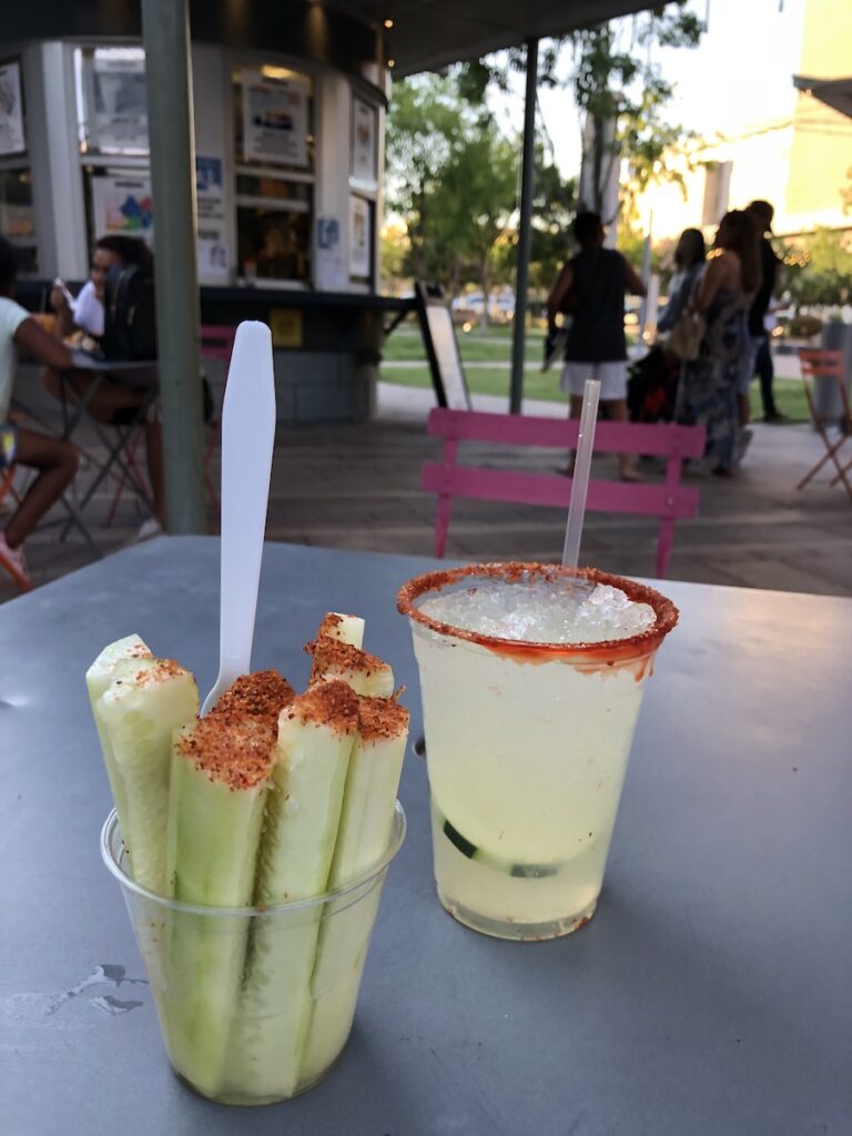 Cucumber sticks and cucumber lemonade at La Placita Café, El Paso, Texas.