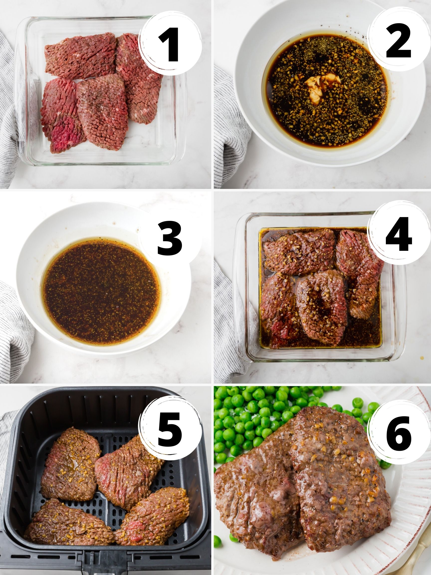 Collage showing the six steps needed to make cube steak in an air fryer