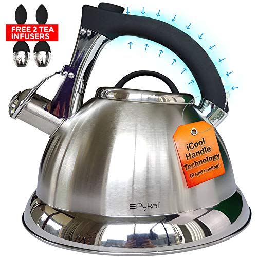 Pykal Whistling Tea Kettle with iCool - Handle, Surgical Stainless Steel Teapot for ALL Stovetops, 2 FREE Infusers Included, 2.8 Liter