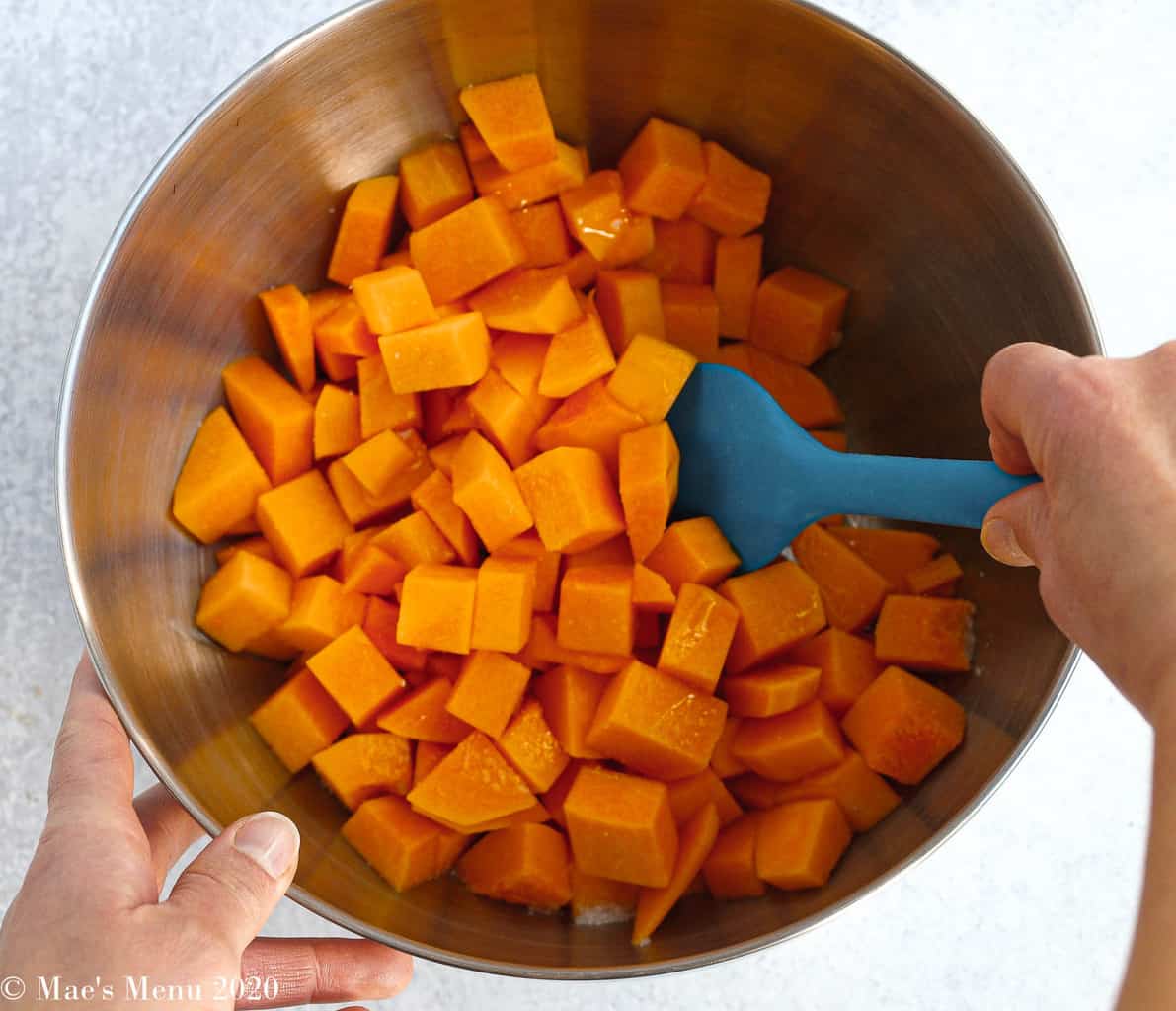 Stir-fry together squash, olive oil and salt