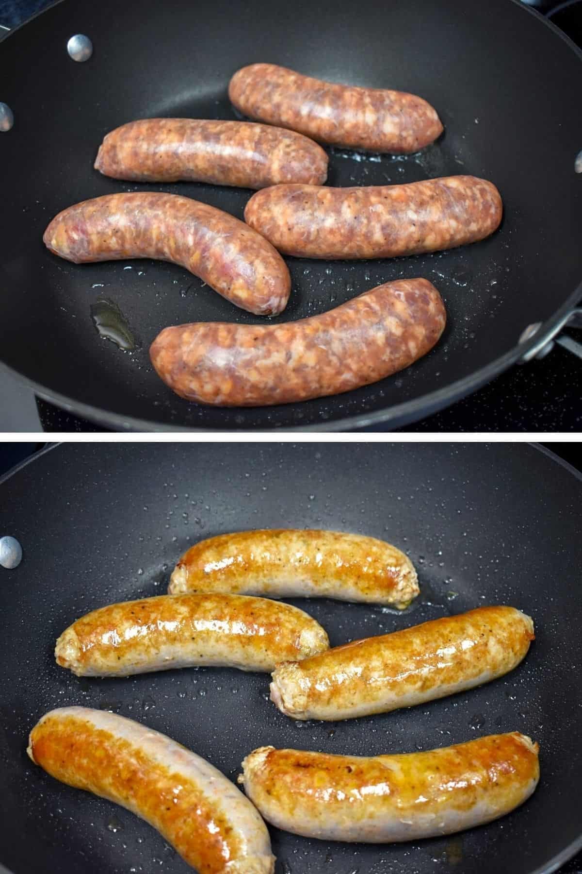Two images of Italian sausage cooked in a large black pan. The top image they are included in, and the bottom image are turned brown.